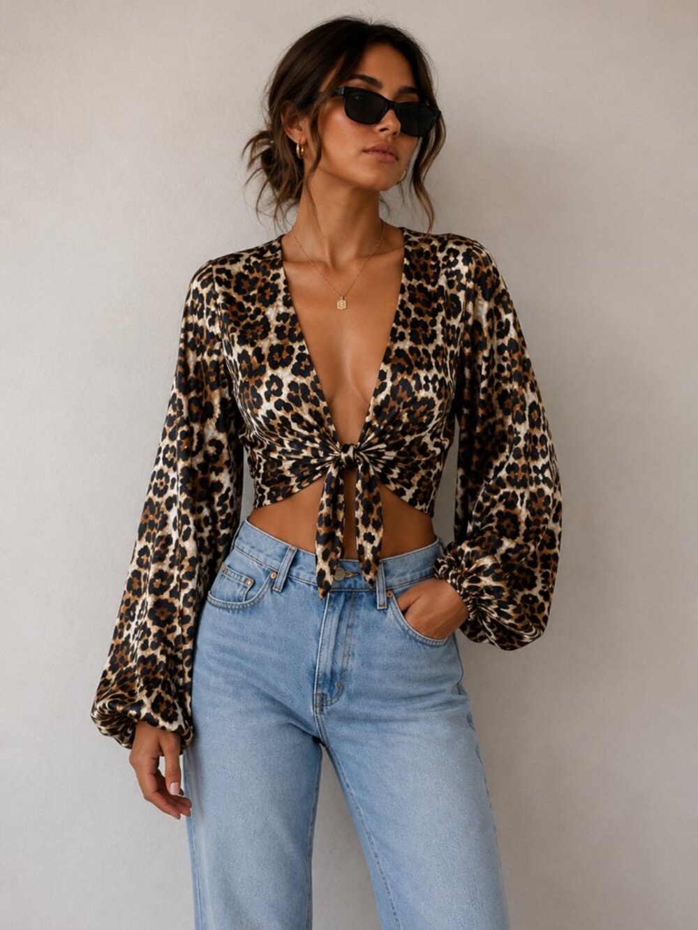 RIVIR Leopard Print Satin Tie Front Crop Top Deep V Billowy Sleeve Size M